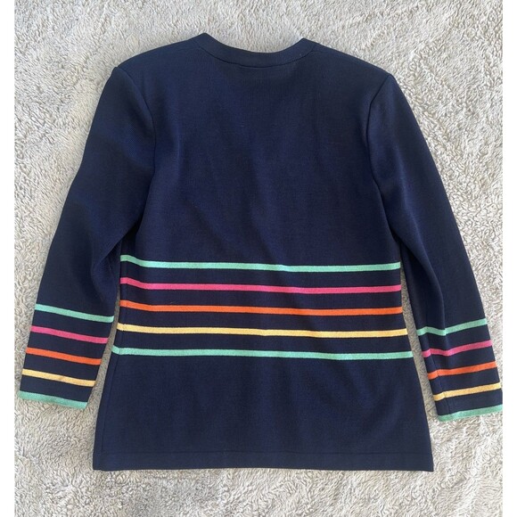 St. John Santana Knit Button Front Cardigan Sweater Navy Blue Rainbow Stripe 8 - Picture 4 of 4